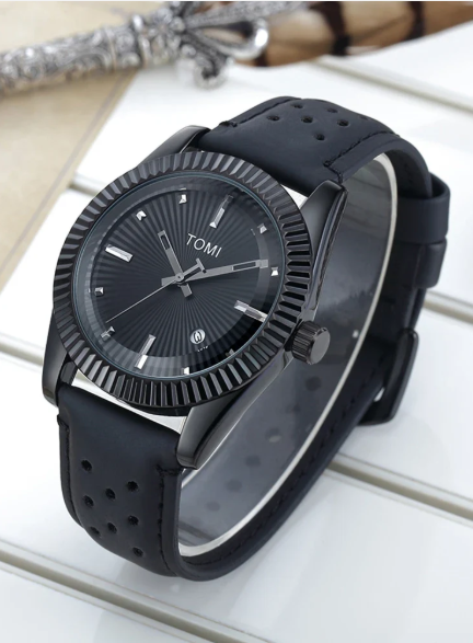 TOMI Men's Black Dial Black Strap Watch with Black Case