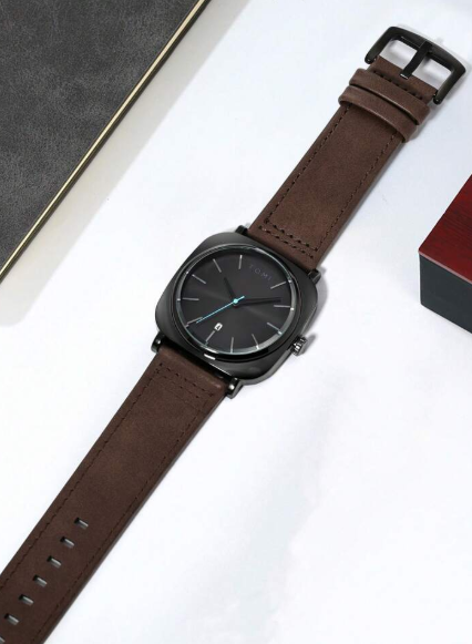 TOMI Men's Black Dial Brown Strap Watch with Black Case