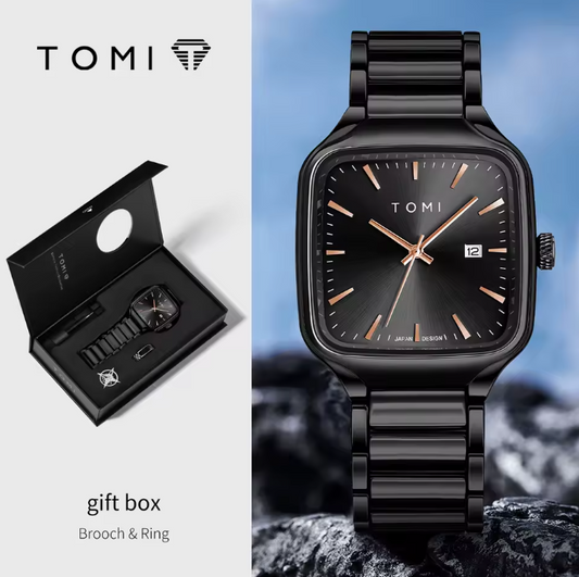 TOMI Men's Black Dial Black Metal Chain Watch