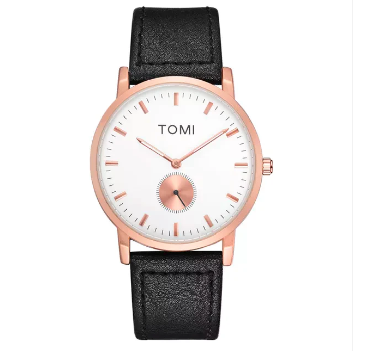 TOMI Men's White Dial Black Strap Watch with Rose Gold Case