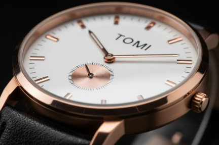 TOMI Men's White Dial Black Strap Watch with Rose Gold Case