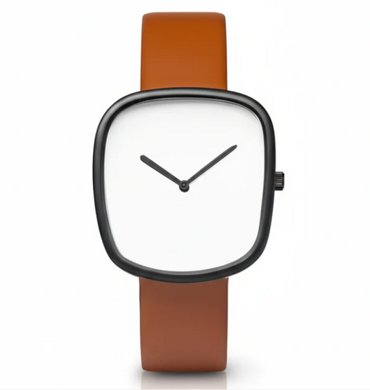 TOMI Men's White Dial Brown Strap Watch with Black Case