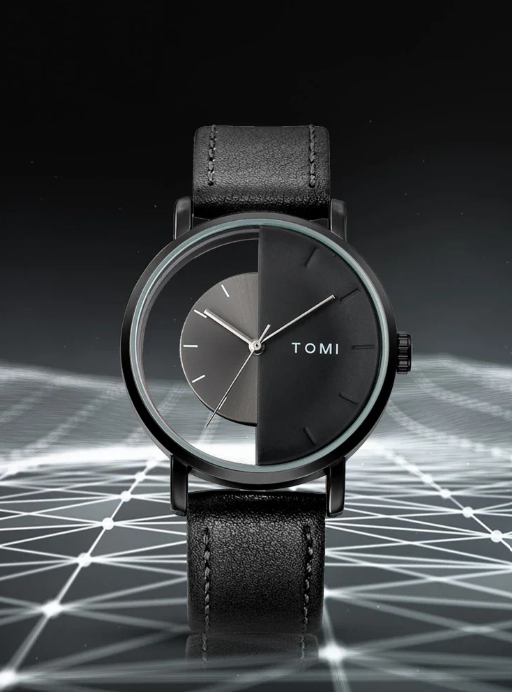 TOMI Men's Dual Tone Black Dial Black Strap Watch