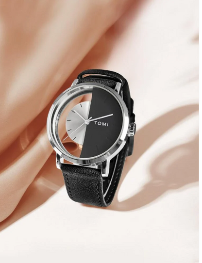 TOMI Men's Dual Tone Black & Silver Dial Black Strap Watch