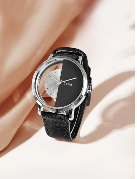 TOMI Men's Dual Tone Black & Silver Dial Black Strap Watch