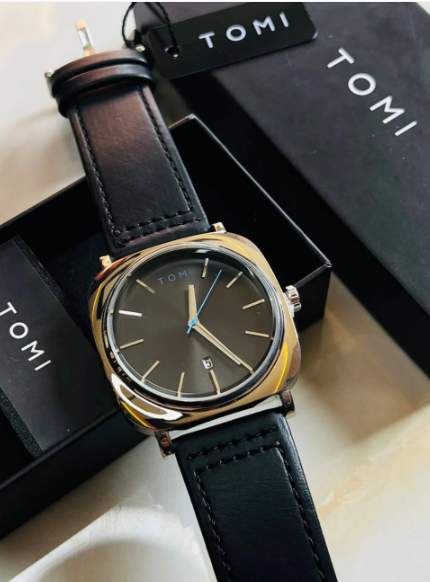 TOMI Men's Black Dial Black Strap Watch with Silver Case