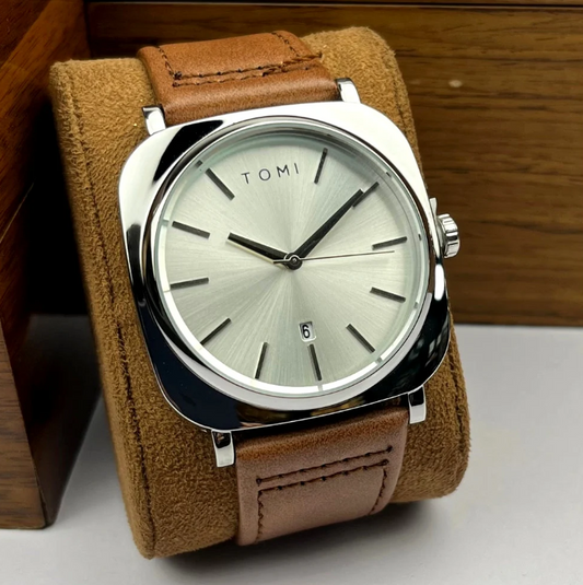 TOMI Men's Silver Dial Brown Strap Watch with Silver Case