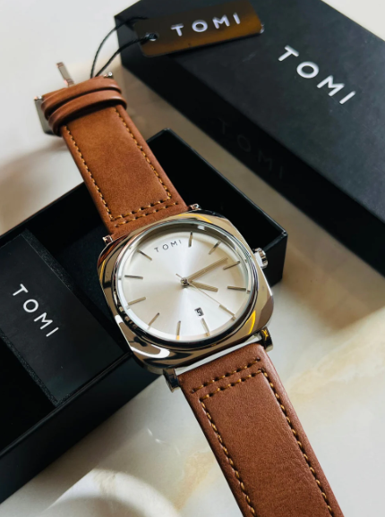 TOMI Men's Silver Dial Brown Strap Watch with Silver Case