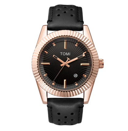 TOMI Men's Black Dial Black Strap Watch with Rose Gold Case