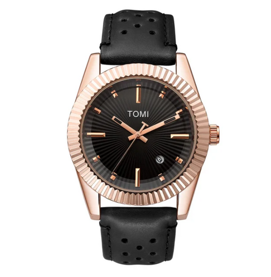 TOMI Men's Black Dial Black Strap Watch with Rose Gold Case