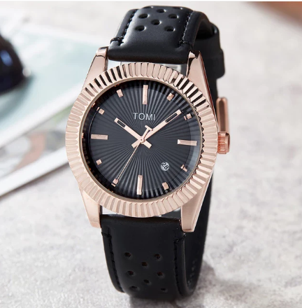 TOMI Men's Black Dial Black Strap Watch with Rose Gold Case