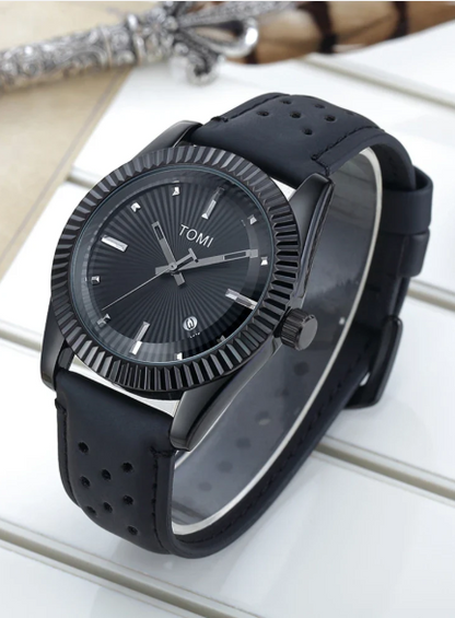 TOMI Men's Black Dial Black Strap Watch with Black Case