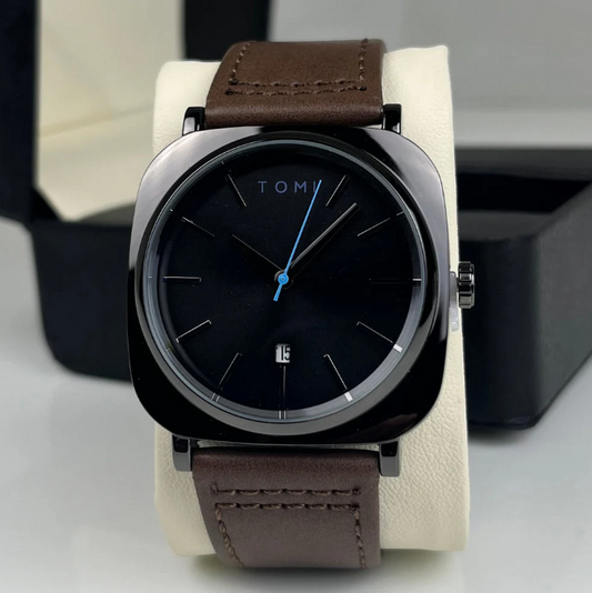 TOMI Men's Black Dial Brown Strap Watch with Black Case