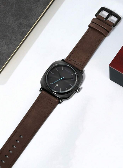 TOMI Men's Black Dial Brown Strap Watch with Black Case