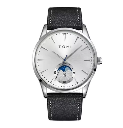 TOMI Men's White Dial Black Strap Watch with Silver Case