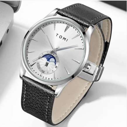 TOMI Men's White Dial Black Strap Watch with Silver Case