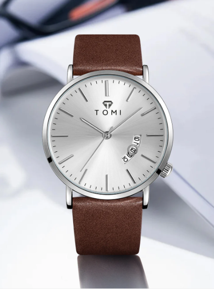 TOMI Men's White Dial Brown Strap Watch