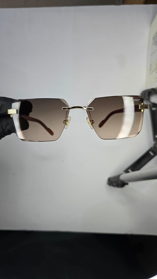 Premium Gold Rimless Rectangular Brown Gradient Sunglasses (Designer Style Copy)