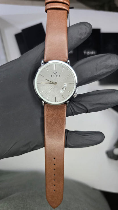 TOMI Men's White Dial Brown Strap Watch